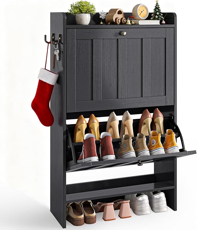 Gizoon Shoe Cabinet with Open Storage, Shoe Storage Cabinet for Entryway, Freestanding Narrow Rack with 2 Flip Drawers, Space-Saving, for Hallway, Black