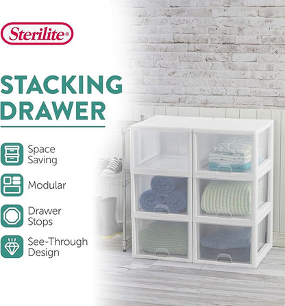 Sterilite 4-Pack 27 Quart Stacking Drawer, Clear Storage Closet Organizer, White Frame - Stackable Modular Plastic Drawers for Clothes, Accessories, Craft Supplies, Shoes or Linens