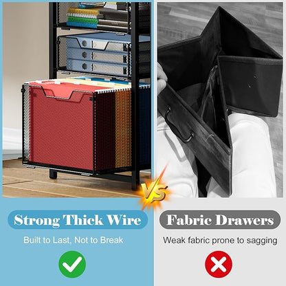 3-Drawer File Cabinet with 3 Shelves, 61" Tall Vertical Filing Cabinet for Home Office, Metal Mesh Drawers with Small Printer Stand, Fit for Letter Files, Black