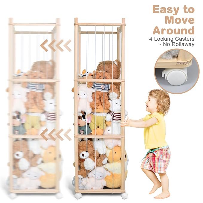 Stuffed Animal Storage, Wood Stuffed Animal Zoo Storage with Brake Wheels, Space Save Toy Organizer, Large Capacity Stuffed Animal Holder, Perfect for Nursery Playroom Kidroom Bedroom-54.3 Inch