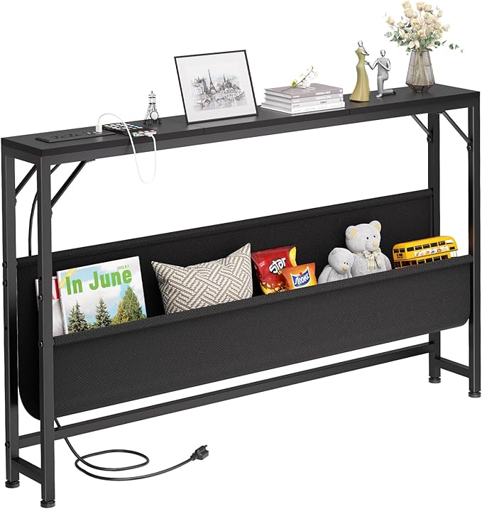 47.2'' Skinny Console Table with Power Outlet, 5.91" Behind Couch Table with Charging Station, Long Sofa Table, Narrow Entryway Table for Living Room, Foyer, Hallway, Black