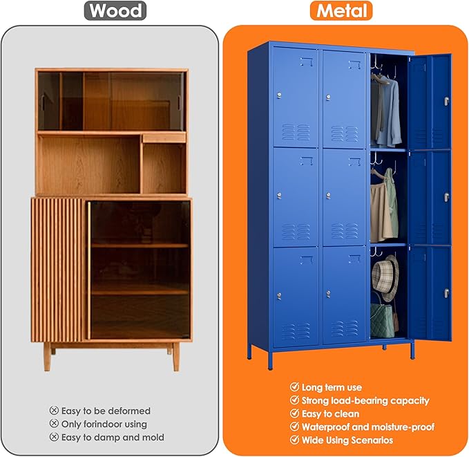 Aobabo New 9 Doors Metal Storage Locker for Employees, Lockable Steel Locker with Name Card Slot and 27 Hooks for School Office Gym Garage, Blue, Assembly Required