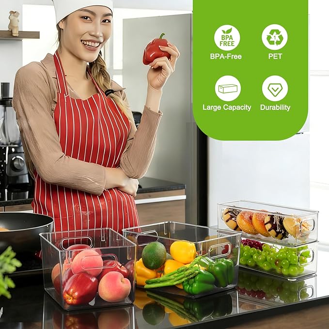 Hudgan 8 Packs Refrigerator Organizers and Storage，4 Large Clear Plastic Bins and 4 Small Stackable Clear Containers for Home Edit, Kitchen Cabinet, Freezer, Bathroom, Office, Drawer