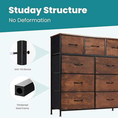 OLIXIS Dresser for Bedroom, Drawer Dresser Organizer Storage Fabric Storage Tower, Chest of Drawers with 9 Easy Pull Fabric Bins, Steel Frame, Wood Top for Living Room, Closet, Entryway, Hallway