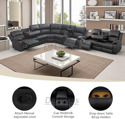 Reclining Sectional Sofa, 4 Pieces Living Room Furniture Sets, Black Leather Sectional Manual Recliner Sofa Set with Drop-Down Table, Cup Holders, Storage Console for Living Room, Bedroom