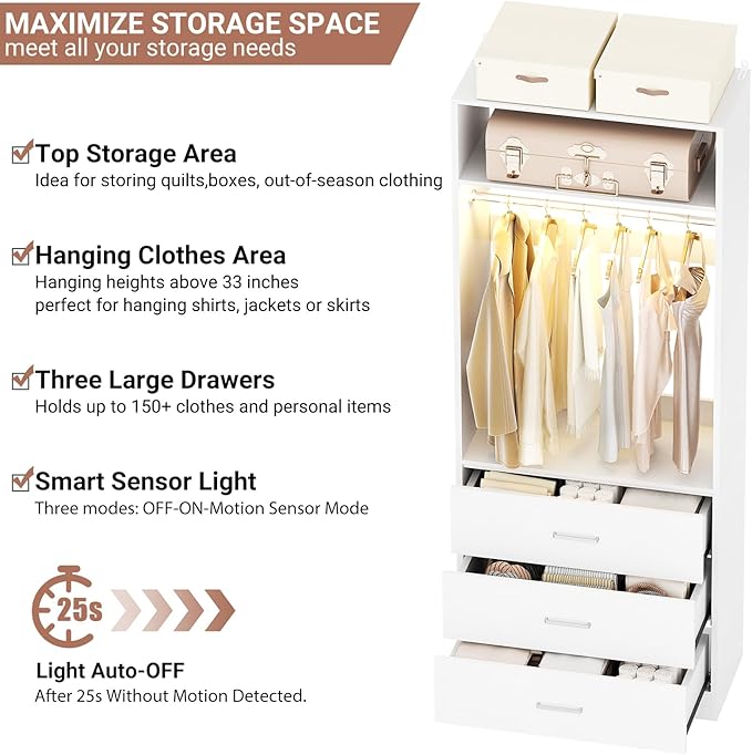 2FT Closet System with 3CCT Sensor Light, 24" Closet Organizer with 3 Wooden Drawers, Closet Systems with Hanging Rod & Top Storage, Small Closets Wardrobe for Walk-in Closets, White