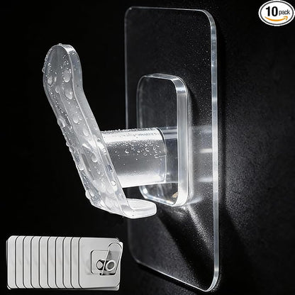 DELITON 10 Pack Adhesive Towel Hooks, Coat Hooks Stick on Wall Hanging Robes Clothes Towels for Bathroom Kitchen, Clear