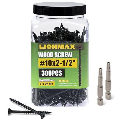 LIONMAX Deck Screws 2-1/2 Inch, Wood Screws #10 x 2-1/2", 300 PCS, Rust Resistant, Exterior Epoxy Coated, Outdoor Decking Screws, Torx/Star Drive Head Screw, T25 Star Bit Included, Black