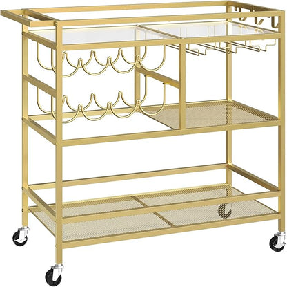 Bar Cart for Home, 3-Tier Serving Cart with Wheels and Handle, Beverage Cart with Wine Rack and Glass Holders, Rolling Wine Cart for Kitchen, Dining Room, Gold RCGD81B01