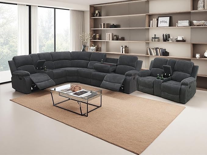 Manual Reclining Sectional Sofa with Drop-Down Table, Living Room Furniture Sets, Recliner Sectional Sofa Set Grey Corduroy with 4 Recliner Seats,Cup Holders,Storage Console for Living Room