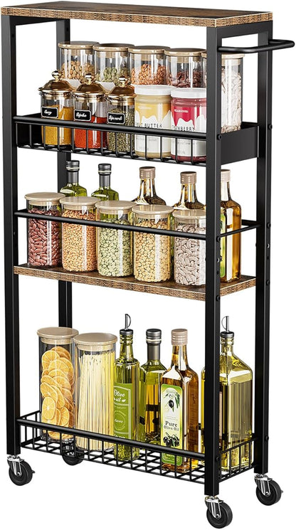 Slim Storage Rolling Cart, 4 Tier Narrow Cart with Wheels, Metal Kitchen Rolling Cart for Small Spaces, Slide Out Storage Shelves for Kitchen, Laundry Room, Bathroom, Living Room, 7.1in(W)
