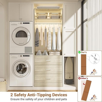 Closet System Set of 2, 4FT Closet Systems with 6 Wood Drawers, 48" Closet Organizer System with 2 Hanging Rods & 2 Shelves, Heavy Duty 48 Inch Walk-in Closet, White Oak (48"L x 15" W x 80" H)