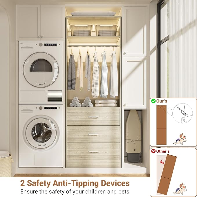 Freestanding 2FT Closet System with 3 Wood Drawers, 24" Closet Organizer System with Hanging Rod & Shelves, Walk-in Closet Systems for Small Closet, White Oak (24"L*15"W*80"H)