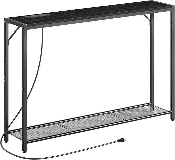 Sofa Table with Power Outlet, 43.7" Console Table with USB Ports, Behind Couch Table, Entryway Table for Living Room, Entryway, Foyer, Metal Frame, Adjustable Feet, Black CTHB11E01N1
