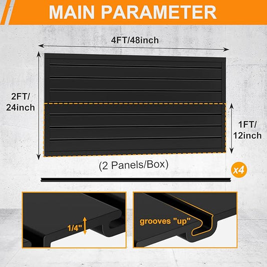 DoCred Slatwall Paneling Organizer, 4x2 FT PVC Garage Slat Wall Storage Systems, Heavy Duty Mounted Slat Peg Board for Tool Organization Ladder Bike Includes 27 PCS Hooks Accessories Kit (Black)