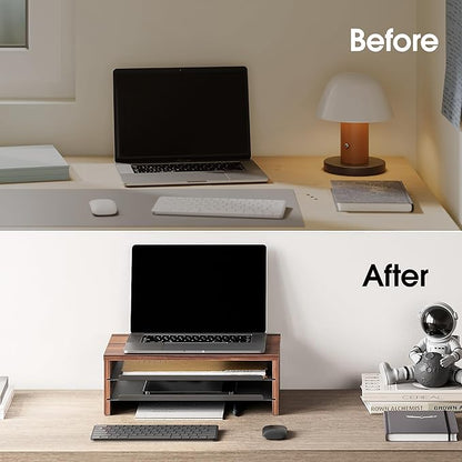 Fenge Monitor Stand, 3-Tier Monitor Riser with Slide-Out Tray, Wooden and Metal Desktop Organizer for Home Office, Computer, Laptop, Printer, Telephone