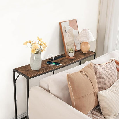 Console Table, Narrow Sofa Table, 43.3” Entrance Table with Power Station, Behind Couch Table, Simple Style, for Living Room, Hallway, Entryway, Foyer, Rustic Brown and Black CTHR112E01