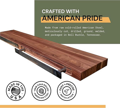Floating Shelf Bracket - 12” Hidden Shelf Brackets, 150 LB Weight Capacity, Supports Wall Mounted Floating Shelves of Any Length, 3/4 Inch Industrial Solid Steel Support Rods Walnut Wood Works