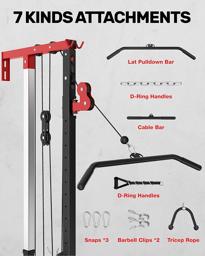 RC01 Foldable LAT Pulldown Machine with Adjustable seat, Wall Mount Cable Station with 16 Adjustable Positions, Cable Machine Home Gym 2 in 1, Functional Trainer with Rowing and LAT Pulldown