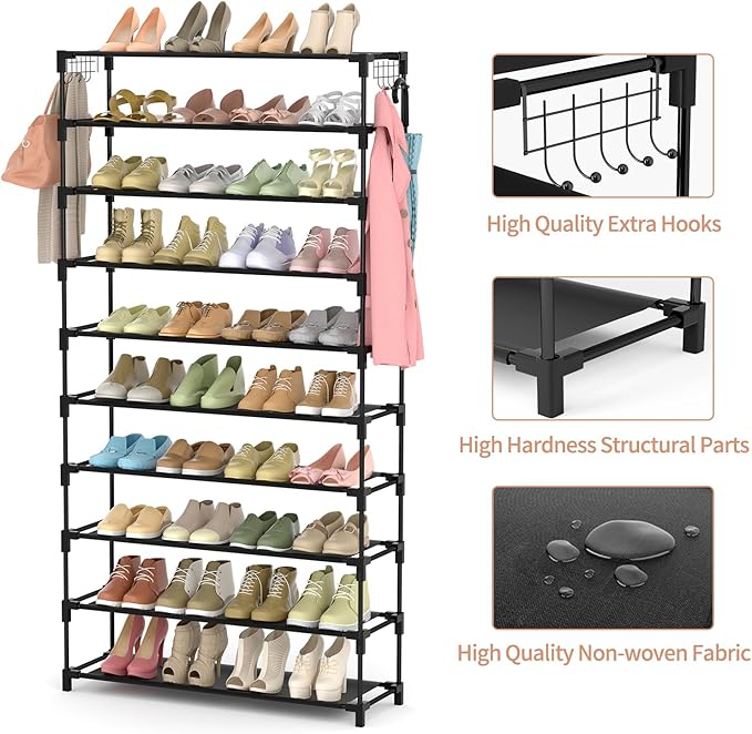 10 Tiers Shoe Rack Large Capacity Tall Shoe Organizer Sturdy Shoe Storage with Two Hooks Space Saving Metal Wide Shoe Rack for Closet, Entryway, Bedroom, Black