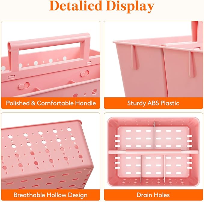 Lifewit Shower Caddy Portable, Plastic Bathroom Organizer with Handle and Holes, Hard Cleaning Basket for Toiletry Storage, College Dorm Essentials, Pink, 3 Packs