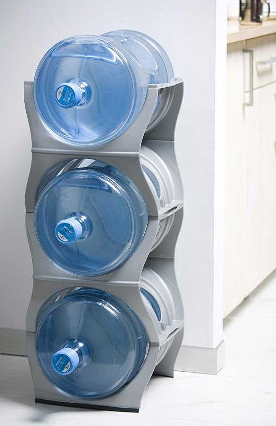 Bariboo Stackable Water Bottle Storage Rack Best Water Jugs 5 Gallon Organizer. Jug Holder for Kitchen, Cabinet and Office Organizing. Reinforced Polypropylene (Silver, 3 No Shelf)