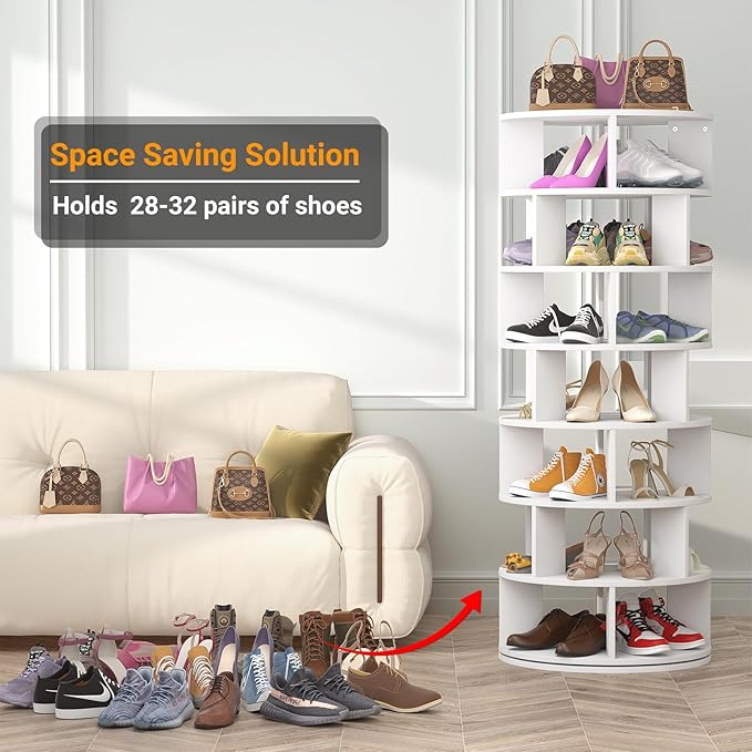 Aheaplus Rotating Shoe Rack Tower, 7-Tier Spinning Shoe Rack 360 Revolving Shoe Racks Organizer for Closet, Display Round Storage Carousel Shoes Closet Organization, White