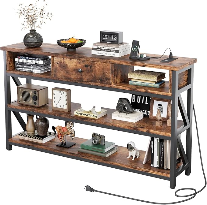 Mexin 47 Inch Console Table with 2 Outlet and 2 USB Ports, Entryway Table with Drawer and Storage Shelves, Narrow Sofa Table for Living Room and Hallway, Vintage Brown