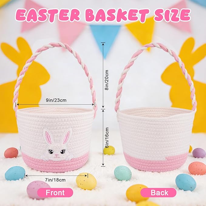 Easter Baskets for Girls, Pink Big Eyes Bunny Gift Basket Empty with Handle Woven Cotton Rope Egg Hunt Bag for Kids Babies Toddler Teens
