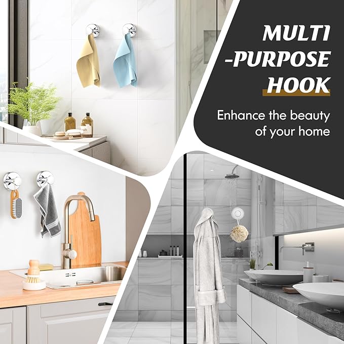 Suction Cup Hooks for Shower,Removable Shower Towel Suction Hooks for Bathroom Wall,Kitchen,Glass,Mirror,Tile to Hang Robes,Loofah-Chrome(2-Pack)