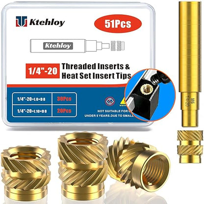 51Pcs 1/4"-20 Threaded Inserts, Female Thread SAE Knurled Nuts Assortment Kit, Brass Heat Set Insert for 3D Printing Plastic Parts (1/4"-20, L8×D8 and L10×D8)