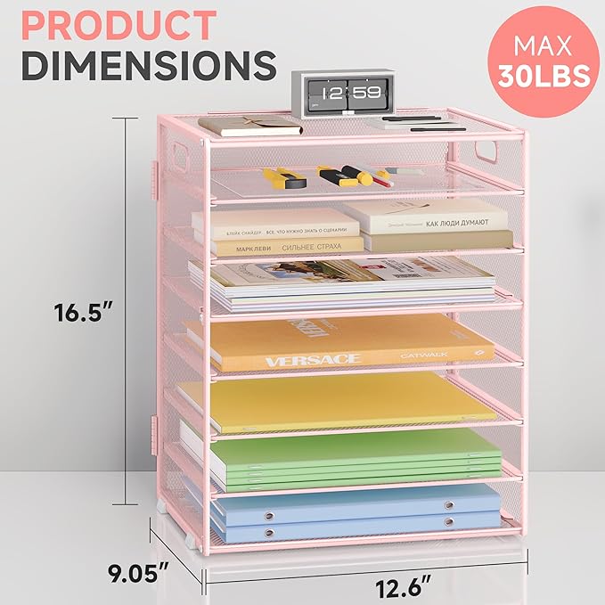 8 Tier Paper Organizer with Handle, Metal Mesh Desk File Organizer, Large Capacity Desk Organizers Paper Letter Tray Desktop Document Sorter for Office, Home or School - Pink