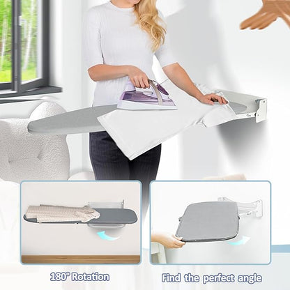 VerRich Foldable Wall Mounted Ironing Board 36” x 12”180°Rotatable Ironing Boardwith Heat Resistant Cover, Space-Saving for Home, Laundry Room,Apartment & Dorms, Gray
