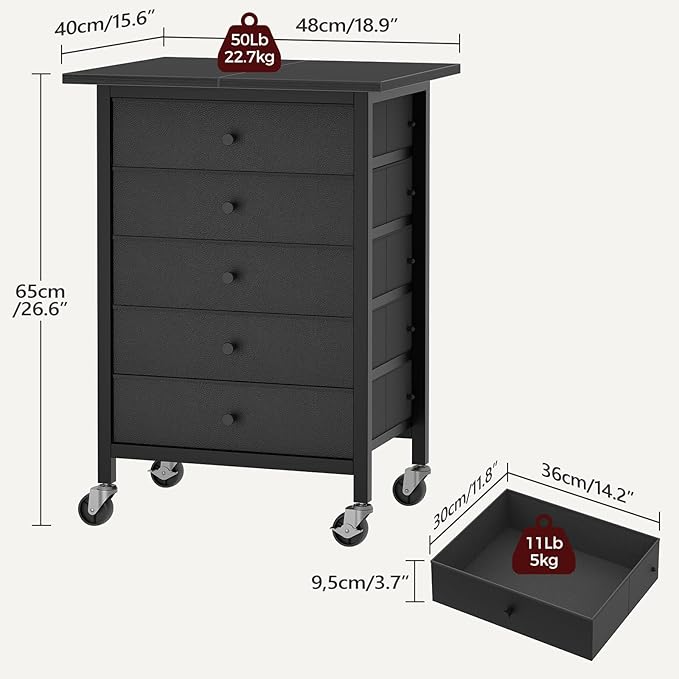 5 Drawer File Cabinet,Rolling Filing Chest Cabinet with Wheels, Under Desk Storage Organizer, Printer Stand with Non-Woven Fabric Drawer, for Home Office, Study, Black FCBK4801