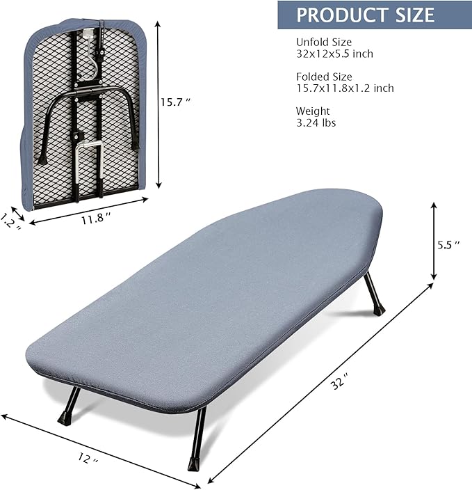 SheeChung Small Ironing Board Tabletop 12"x32",Mini Table Top Ironing Board with Heat Resistant Cover and Thick Pad,Foldable Space Saving Iron Board with Non-Slip Feet for Dorms Travel Use,Grey Blue