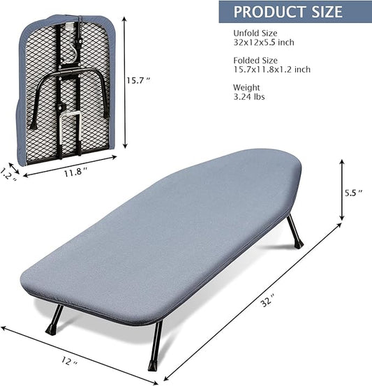 SheeChung Small Ironing Board Tabletop 12"x32",Mini Table Top Ironing Board with Heat Resistant Cover and Thick Pad,Foldable Space Saving Iron Board with Non-Slip Feet for Dorms Travel Use,Grey Blue