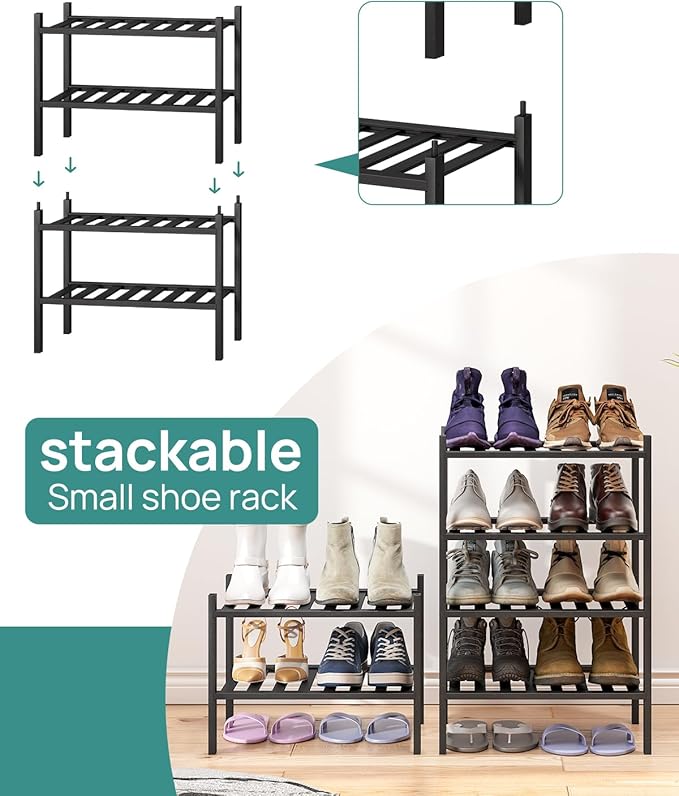 Black Small Shoe Rack for Entryway,2-Tier Bamboo Shoe Organizer for Hallway Closet, Free Standing Shoe Racks for Indoor Outdoor