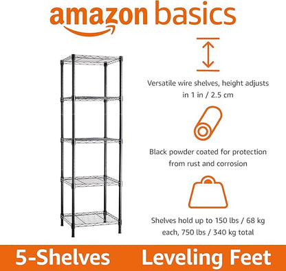 Amazon Basics 5-Shelf Tower Adjustable Storage Shelving Unit for Garage, Rust-Resistant Steel, 150 lbs Per Shelf, 16"W x 16"D x 54"H, Black