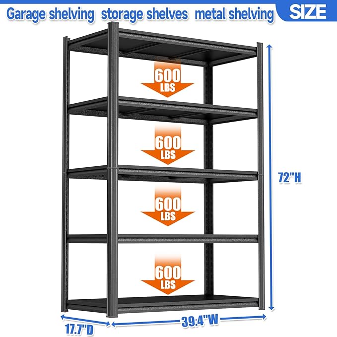 72"H Garage Shelving Storage Shelves Heavy Duty 3000LBS Metal Shelving 5 Tier Adjustable Shelving Unit Storage Rack and Shelving for Basement, Warehouse, Pantry, Closet, Kitchen 39.4"W × 17.7"D × 72"H