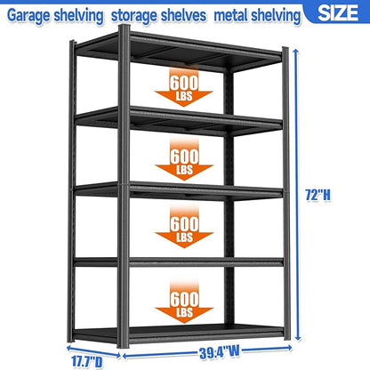 72"H Garage Shelving Storage Shelves Heavy Duty 3000LBS Metal Shelving 5 Tier Adjustable Shelving Unit Storage Rack and Shelving for Basement, Warehouse, Pantry, Closet, Kitchen 39.4"W × 17.7"D × 72"H