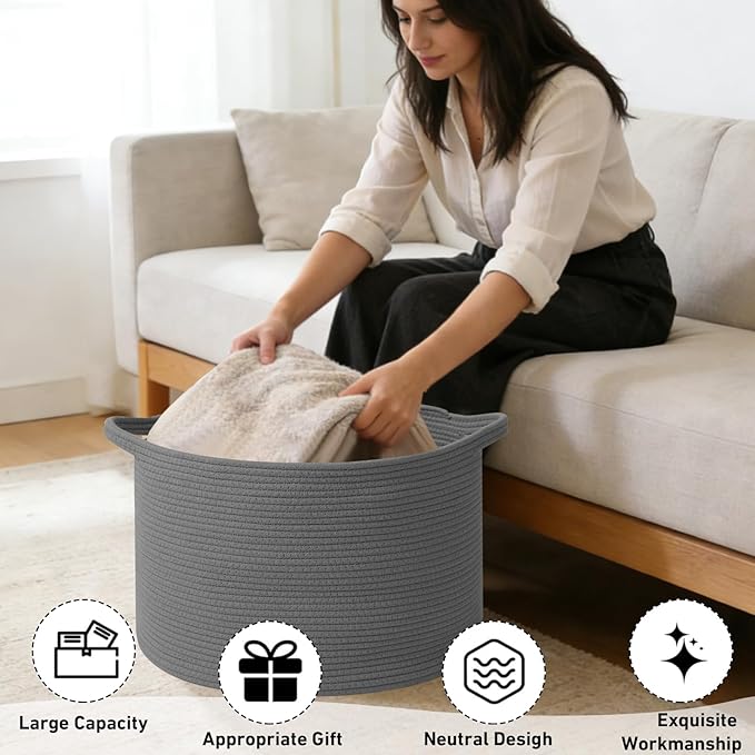 65L Large Blanket Basket,19.7" L x 19.7" W x 13" H Rope Woven Baskets with Handles, Toys Storage Bins,Laundry Basket Perfect for Living Room, Nursery,Bedroom,Home Organization,Dark Gry