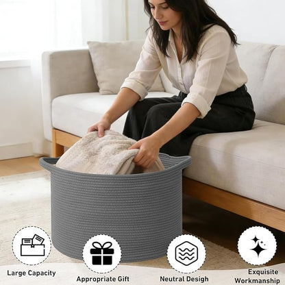 65L Large Blanket Basket,19.7" L x 19.7" W x 13" H Rope Woven Baskets with Handles, Toys Storage Bins,Laundry Basket Perfect for Living Room, Nursery,Bedroom,Home Organization,Dark Gry