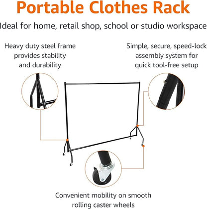 Amazon Basics Heavy Duty Portable Rolling Garment Rack, Hanging Clothes Organizer Rail for Display and Storage, Easy to Assemble, 72 x 60 inches, Black