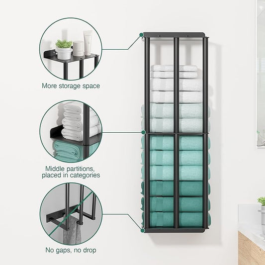 Towel Racks for Bathroom: 26 Inch Wall Mounted Towel Holder, Upgrade 2-Tier Towel Rack with 3-Vertical-Bars and 3-Steel-Shelves, for Modern Decor Bathroom Towel Storage (Matte Black)