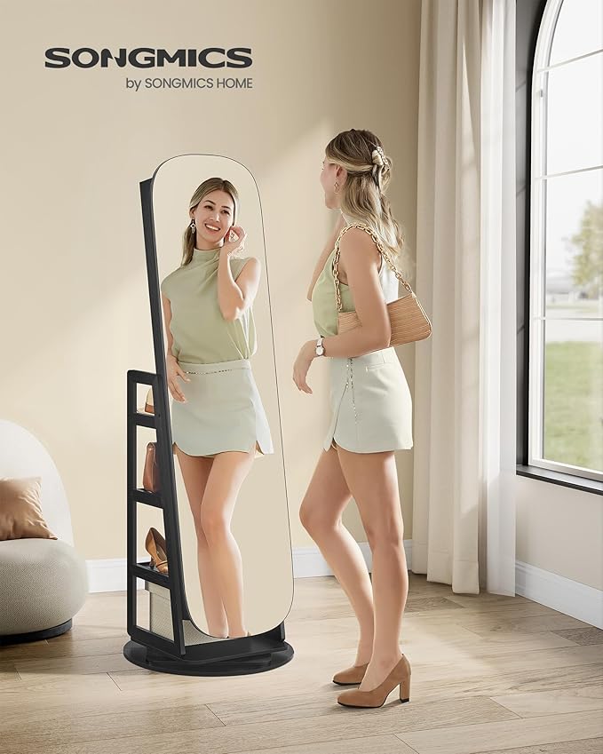 SONGMICS LED Jewelry Cabinet, 360° Swivel Jewelry Organizer, Lockable Mirror Jewelry Cabinet Standing, Rounded Wide Full-Length Mirror with Storage Shelves, Interior Mirror, Ebony Black UJJC036B01