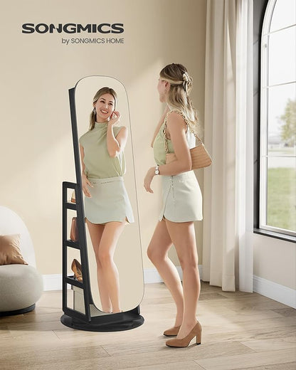 SONGMICS LED Jewelry Cabinet, 360° Swivel Jewelry Organizer, Lockable Mirror Jewelry Cabinet Standing, Rounded Wide Full-Length Mirror with Storage Shelves, Interior Mirror, Ebony Black UJJC036B01