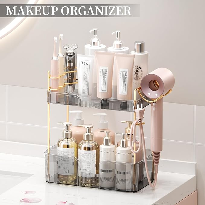2 Tier Bathroom Organizer Countertop Makeup Perfume Tray Skincare Organizer Comes with Hair Dryer Rack and Toothbrush Holder for Bathroom Dresser Vanity (Grey)