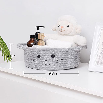 Small Woven Rope Storage Basket, Cute Cat Toy Basket for Living Room, Baby Baskets for Nursery, Gift Baskets Empty for Baby Shower, Grey, 9.8 x 4 inches