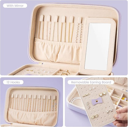 Lolalet Travel Jewelry Case for Women Girls, Travel Jewelry Organizer Box with Mirror & Clear Storage Bag, Small Portable Earring Necklace Bracelet Ring Case, Birthday Valentine Gifts -Medium, Purple