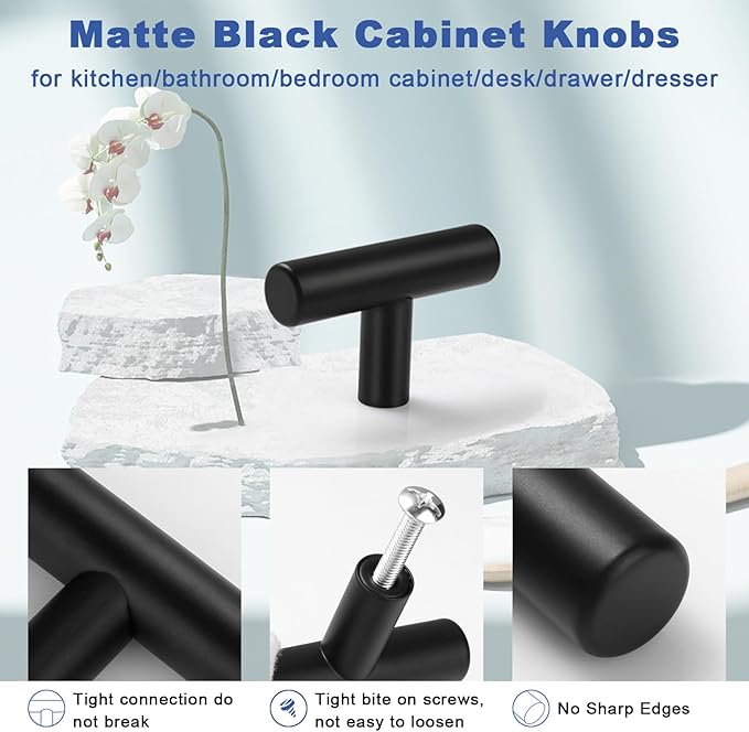 Estmoon 30 Pack Cabinet Knobs Matte Black Drawer Knobs Stainless Steel 2 Inch Overall Length Dresser Knobs for Cabinets Cupboard Bathroom Kitchen Hardware, Single Hole T Bar Knobs